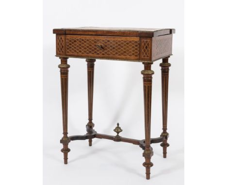 A 19th Century French harewood parquetry and gilt metal mounted poudreuse:, with boxwood lattice designs, the hinged top with