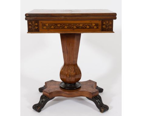 A Victorian yew-wood and marquetry 'Killarney' games table:, decorated with chequer and feather lines, the crossbanded hinged