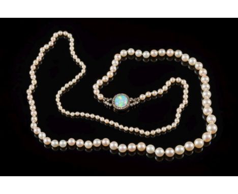 A cultured pearl single-string necklace: with 132 pearls graduated from 4mm diameter to 8mm diameter, secured to an opal and 