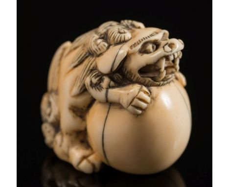 A Japanese carved ivory netsuke of a temple lion holding a ball: a loose ball in it's mouth, unsigned, Edo period, 3cm. high.