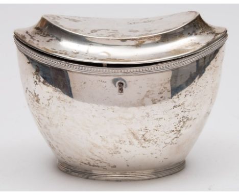 An early 19th century Dutch silver tea caddy, maker DWR, Amsterdam, 1809: of navette-shaped outline, with plain hinged lid an