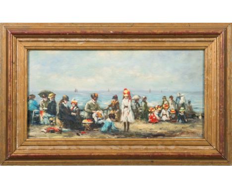 French School [19th Century]-Elegantly dressed ladies on a beach, sailing boats offshore:-indistinctly signed ALBERT  R… bott