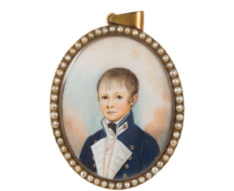 English School circa 1800-A miniature portrait of a midshipman:-head and shoulders with short brown hair and wearing a blue c