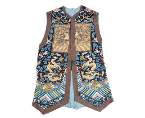 A 19th century Chinese embroidered sleeveless jacket: the back panel with bullion embroidered phoenix bird, together with a d