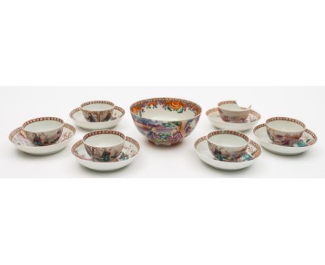 A set of six Chinese famille rose teabowls and saucers and a similar bowl: the teabowls and saucers painted with a riverside 