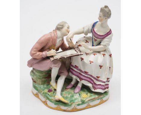 A Vienna porcelain group of a portrait painter and lady: the artist with a palette on his knee and kissing the hand of his si