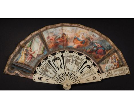 A late 18th/early 19th century Continental carved ivory fan: the paper leaf decorated with a central panel depicting Mother N