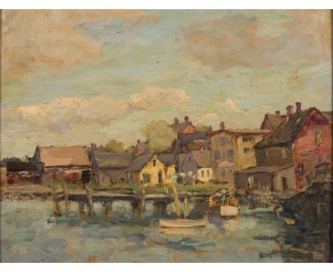 * Berthe des Clayes [1877-1968]- Town and estuary:- oil on panel 26 x 33cm together with A barge on a river, two signed sketc