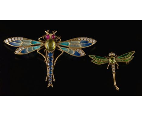 A plique-a-jour enamel, diamond and gem-set dragonfly brooch: the head with cabochon ruby eyes, single peridot thorax and sap