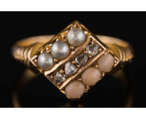 A 15ct gold, seed pearl and coral ten-stone, square-set cluster ring:, ring size L 1/2. 