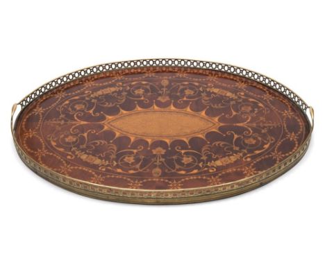 A large Sheraton-style oval marquetry mahogany two-handled tray: with pierced brass gallery, finely inlaid with swags and gar