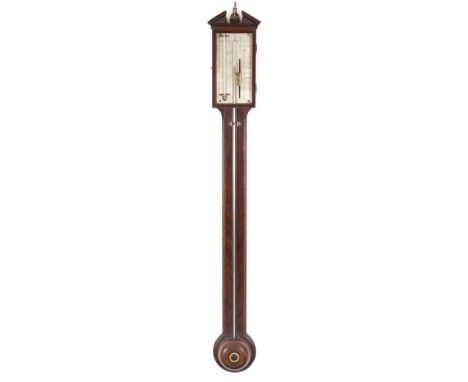 Lione & Co, London, a mahogany stick barometer: the silvered dial engraved with typical barometer markings and signed with th