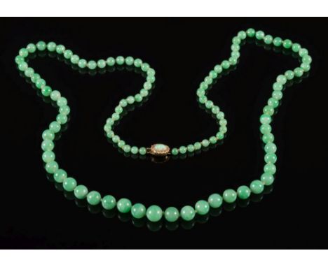 A graduated jade single-string necklace: with 109 beads graduated from 4.7mm to 9.9mm, secured to an opal and diamond mounted