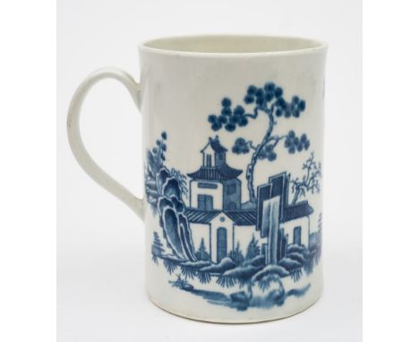A First Period Worcester blue and white mug: of cylindrical form with grooved loop handle, transfer printed with the 'Plantat