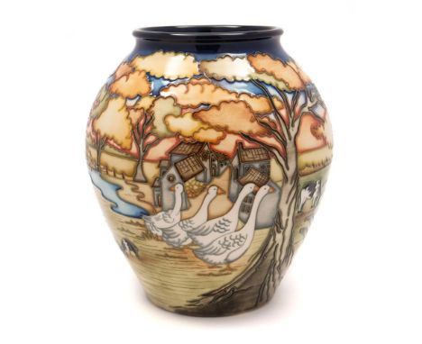 A Moorcroft pottery vase: of oviform tubelined in the Fowlers Patch pattern after the original by Kerry Godwin with various f