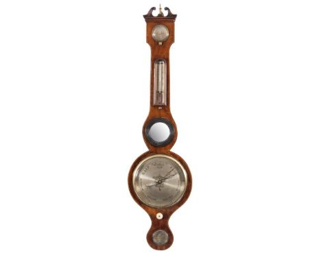 P. Corti, Exeter, a mahogany wheel barometer: the round silvered dial having typical barometer markings, with a further round