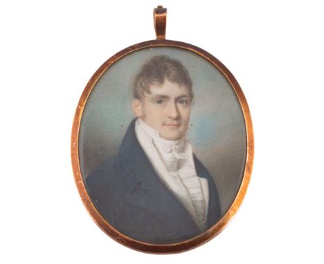 Circle of Richard Cosway [1742-1821]-A miniature portrait of a young man, Richard Carrington, bust-length:-with dark wavy hai