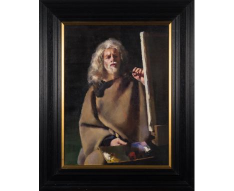 * Robert O Lenkiewicz [1941-2002]-Self-Portrait at Mudbank, Kitley:-signed and inscribed on the reverseoil on canvas60 x 44cm