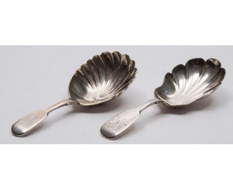 A Victorian provincial silver caddy spoon, maker Joseph Fullerton, Exeter, 1853: initialled, with shell-shaped bowl, together