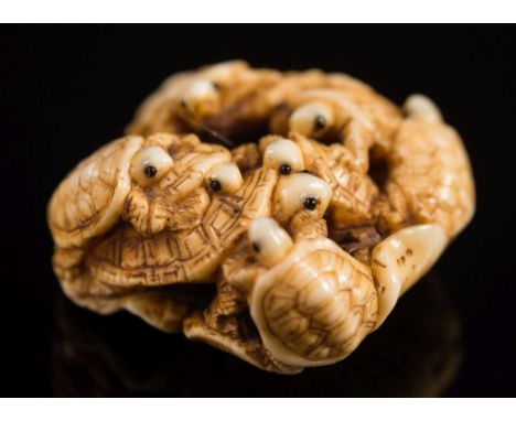 A Japanese carved ivory netsuke of nine small turtles balanced on a leaf: the tenth turtle under the leaf, signed Ikko, 3.5cm