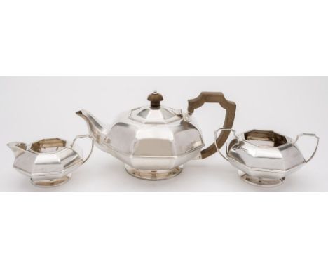 A George V silver three-piece tea service, maker R F Mosley & Co, Sheffield, 1927: of squat octagonal form, each piece raised