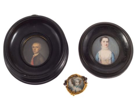 Circle of Gervase Spencer [18th Century]-A miniature portrait of a lady:, bust-length, with straight dark hair held in a band
