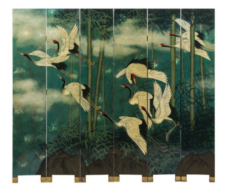 A Chinese lacquer six fold screen:, painted with a continuous scene of cranes amidst bamboo, the black lacquer reverse with g