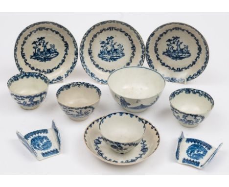 A group of late 18th century Liverpool and Caughley blue and white porcelains: comprising a set of three John Pennington teab