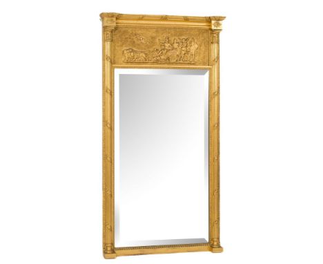 A Regency giltwood and gesso pier mirror:, with a reeded ribbon moulded and foliate cornice of recessed breakfront outline an