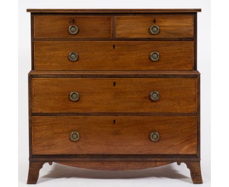 An early 19th Century mahogany and inlaid rectangular chest:, in two parts, bordered with boxwood and ebony lines, the rosewo