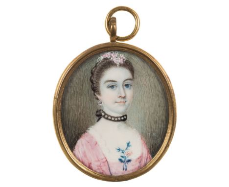 Style of Thomas Redmond [18th Century]-A miniature portrait of a young lady, head and shoulders, with long dark hair tied hig