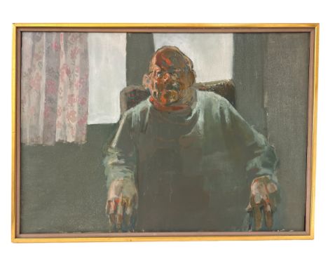 Hans Schwarz RBA RWS - 'Portrait of Denis Graves - Art Dealer', oil on canvas, with a second oil painting of a dog to the rev