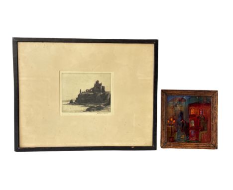 Two framed works, to include: Andrew Allan (1863-1940) - 'Tantallon Castle' etching 14 x 11 cm; together with a reverse glass