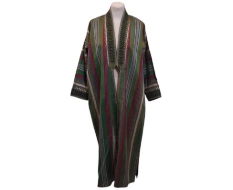 Vintage Afghan style robe in woven striped silk, lined in a printed cotton and with machine embroidery at the collar and cuff