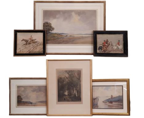 Three watercolours with three prints: W.R. Ward - Estuary landscapes, with one other watercolour bearing indistinct monogram;