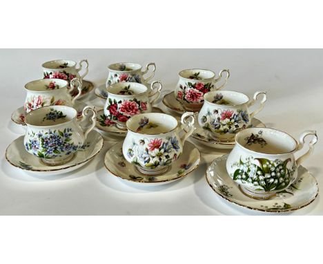 A collection of nine Royal Albert Sonnet series cabinet cups and saucers, Milton, Byron, Tennyson, etc