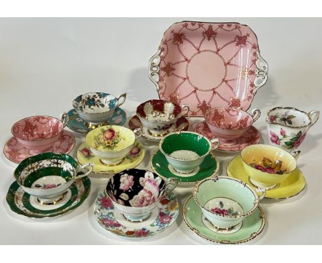 A collection of Paragon bone china cabinet tea cups and saucers, further examples by Worcester and Royal Stafford, mainly flo