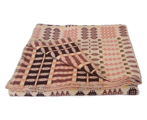 Traditional vintage woollen Welsh blanket in reversible double weave in cream, brown, pink and yellow. 230 x200cm approx