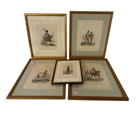 Four aquatints of soldiers by I.C. Stadler, together with a lithograph of a Royal Artillery, all hand-coloured, largest frame