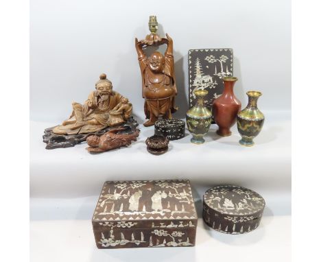 A miscellaneous collection of mainly Chinese items, including hardwood carving of an elderly man comforting a large child, a 