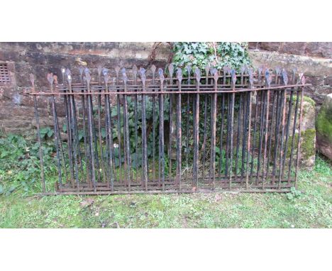 Architectural Salvage - A run of four sections of iron railing with open vertical spear head cylindrical bars, 89cm high, 7m 