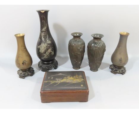 Mixed Chinese &amp; Japanese decorative arts to include pair of Japanese Meiji period bronze vases decorated with Herons amon