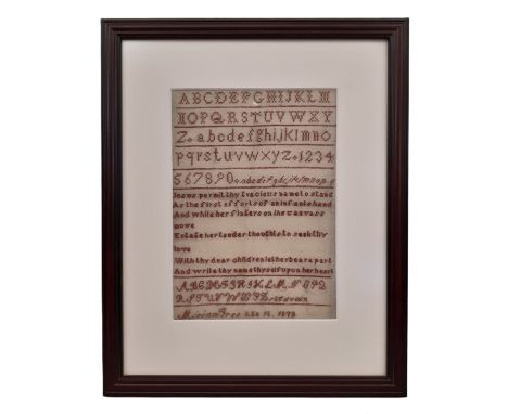 A 19th century needlework sampler from St. Matthew's Orphanage by Miriam Tree, aged 16 and dated 1873, bearing the alphabet, 
