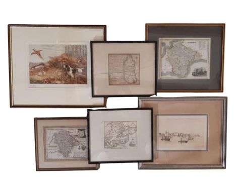 Four county maps and two prints to include: Ruben Ward Binks - 'The Rise' aquatint signed and titled in pencil below, 19 x 28