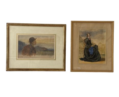 Two watercolours to include: 'The Wanderer', indistinctly signed and titled in pencil below, with a Victorian watercolour por