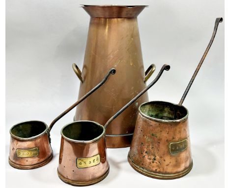 A copper milk churn and three 19th century copper cider measures. 