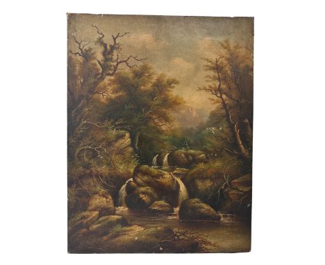 R. Bower (19th-20th century) - Woodland scene with a cascading river, signed lower left and verso, 67 x 52 cm, unframed