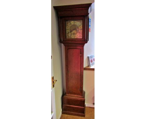 Georgian oak cottage longcase clock, the square brass dial with calendar dial and single hand pointer with 30 hour striking m