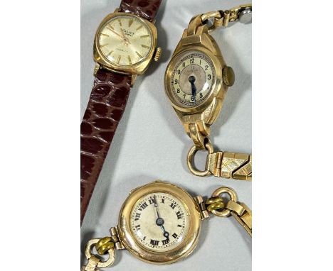 Three vintage lady’s 9ct yellow gold cased wristwatches, Omega, Valex and another Swiss made example, each on leather or plat