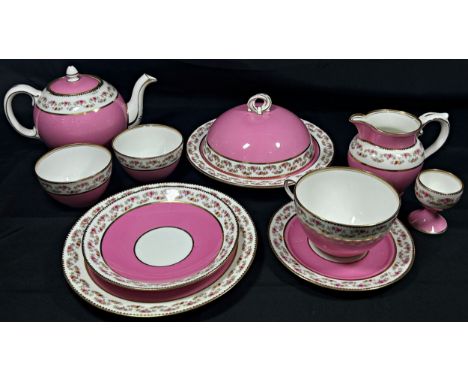 A Grafton Academy pattern tea service principally in a blue colourway together with an Aynsley part breakfast set in a pink c